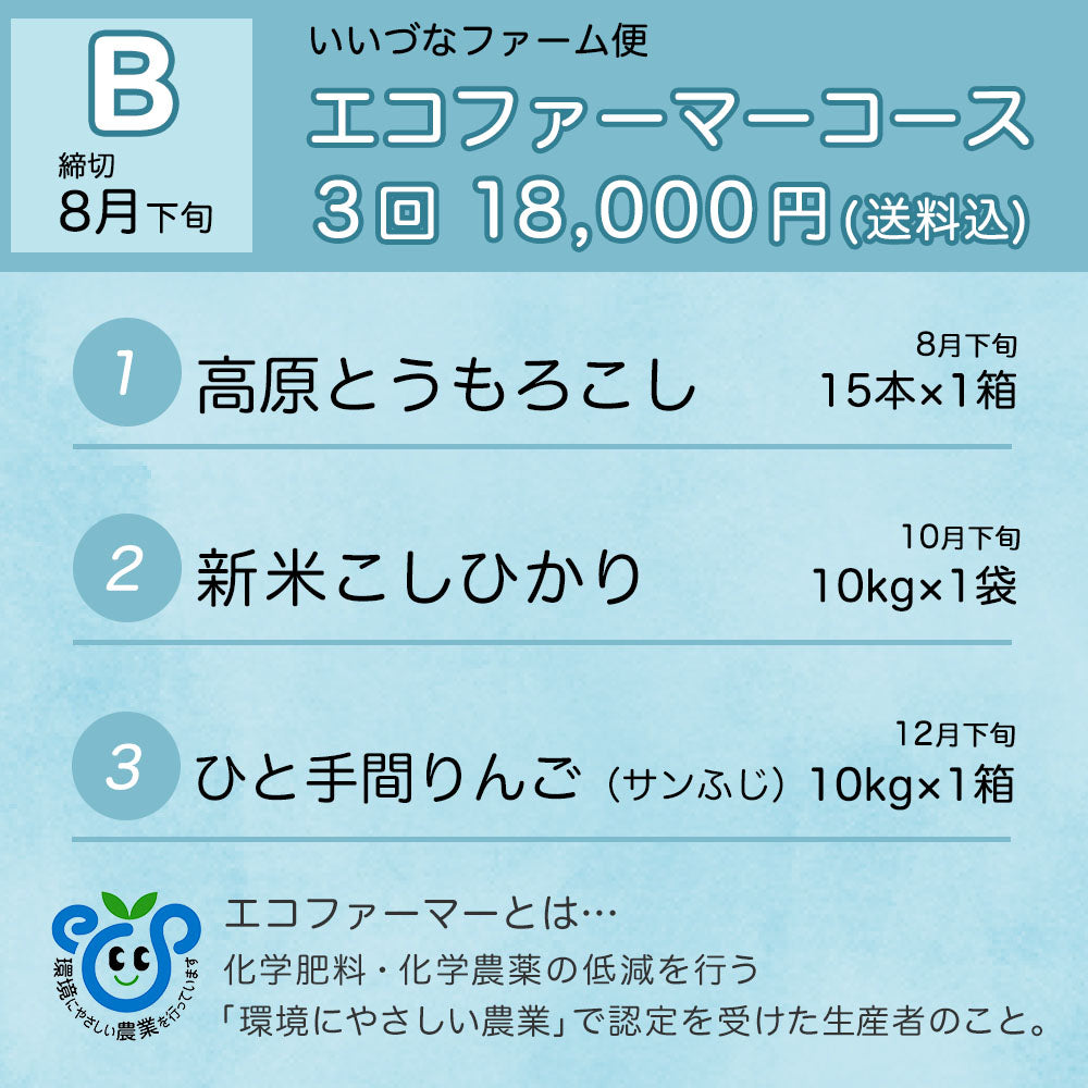 【いいづなファーム便 B】エコファーマーコース 送料込 とうもろこし 新米こしひかり ひと手間りんご サンふじ 本州四国限定 長野県飯綱町
