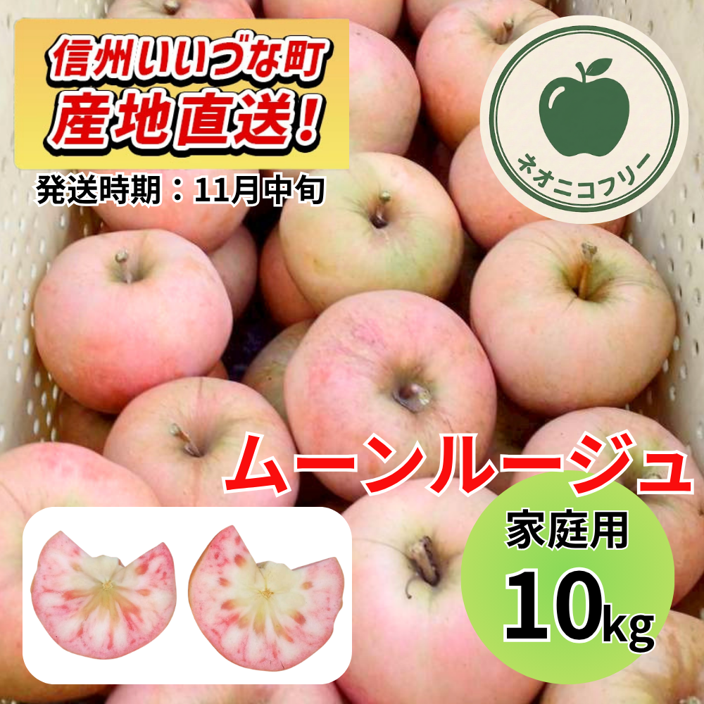 【りんご】 ムーンルージュ 10kg 〔ネオニコチノイド不使用 有機リン不使用 除草剤不使用〕 予約販売 2026年11月中旬以降順次発送予定 送料込 長野県 飯綱町産 みつどんマルシェ 訳あり 自宅用 家庭用 ネオニコフリー