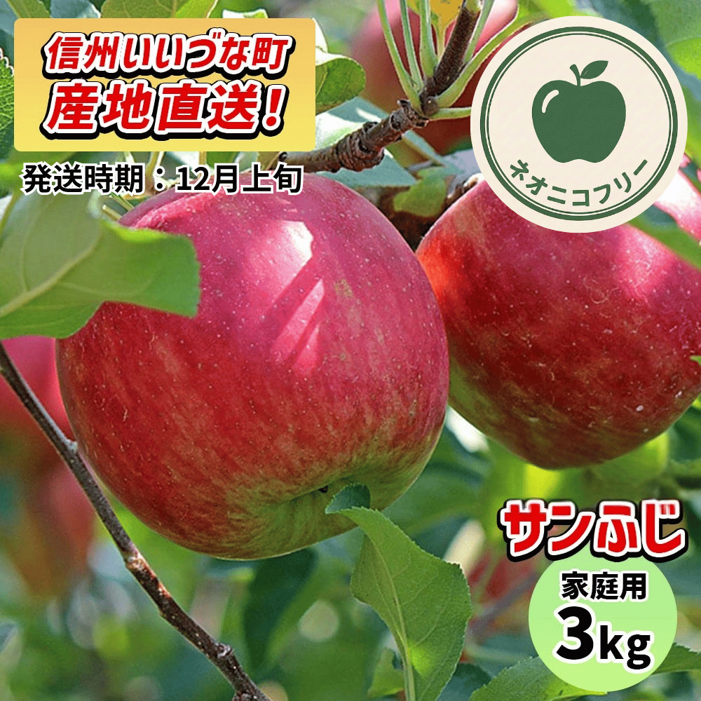 【りんご】 サンふじ 3kg 〔ネオニコチノイド不使用 有機リン不使用 除草剤不使用〕 予約販売 2026年10月上旬以降順次発送予定 送料込 長野県 飯綱町産 みつどんマルシェ 訳あり 自宅用 家庭用 ネオニコフリー