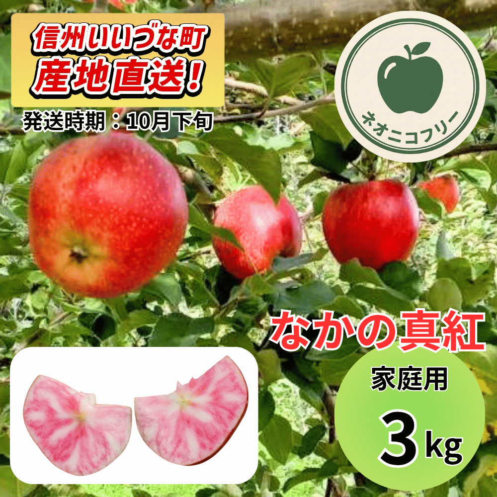 【りんご】 なかの真紅（なかのしんく） 3kg 〔ネオニコチノイド不使用 有機リン不使用 除草剤不使用〕 予約販売 2026年10月下旬以降順次発送予定 送料込 長野県 飯綱町産 みつどんマルシェ 訳あり 自宅用 家庭用 ネオニコフリー