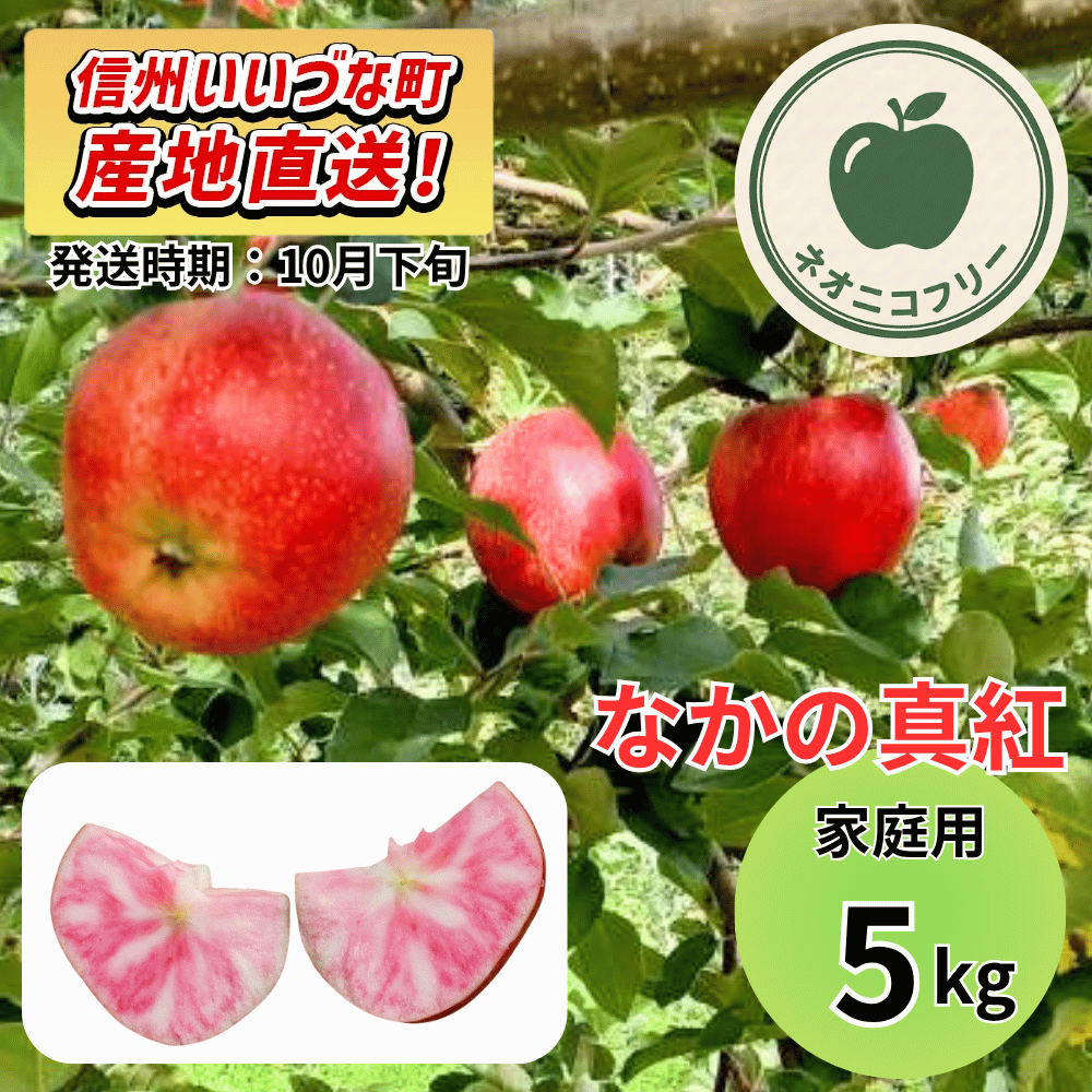 【りんご】 なかの真紅（なかのしんく） 5kg 〔ネオニコチノイド不使用 有機リン不使用 除草剤不使用〕 予約販売 2026年10月下旬以降順次発送予定 送料込 長野県 飯綱町産 みつどんマルシェ 訳あり 自宅用 家庭用 ネオニコフリー