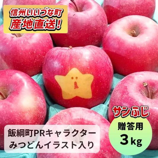 【りんご】 ふじ 3kg 贈答用 予約販売 みつどん絵文字入りみつどんりんご1個以上付き 送料込 長野県 飯綱町 みつどんマルシェ