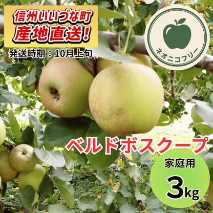 【りんご】 ベルドボスクープ 3kg 〔ネオニコチノイド不使用 有機リン不使用 除草剤不使用〕 予約販売 2026年10月上旬以降順次発送予定 送料込 長野県 飯綱町産 みつどんマルシェ 訳あり 自宅用 家庭用 ネオニコフリー